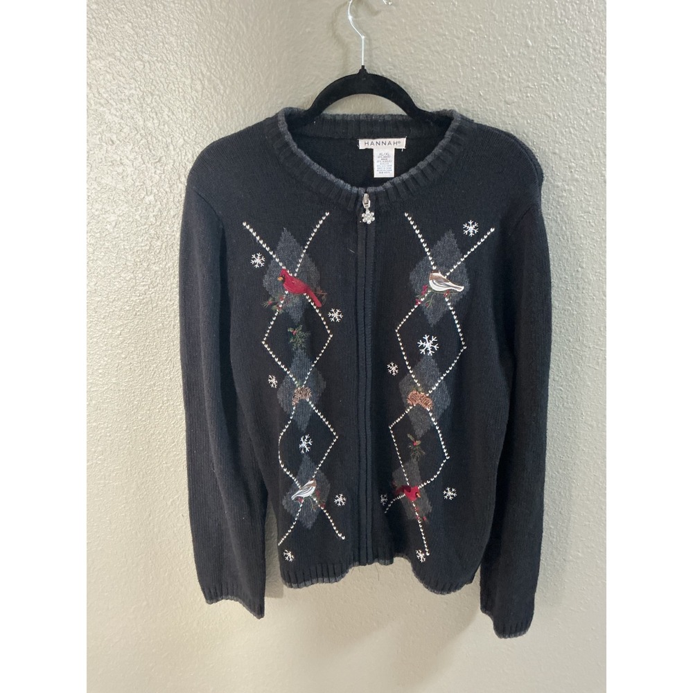 Hannah Vintage Cardinal Bird Snowflake Argyle Full Zip Cardigan Sweater XL Black
